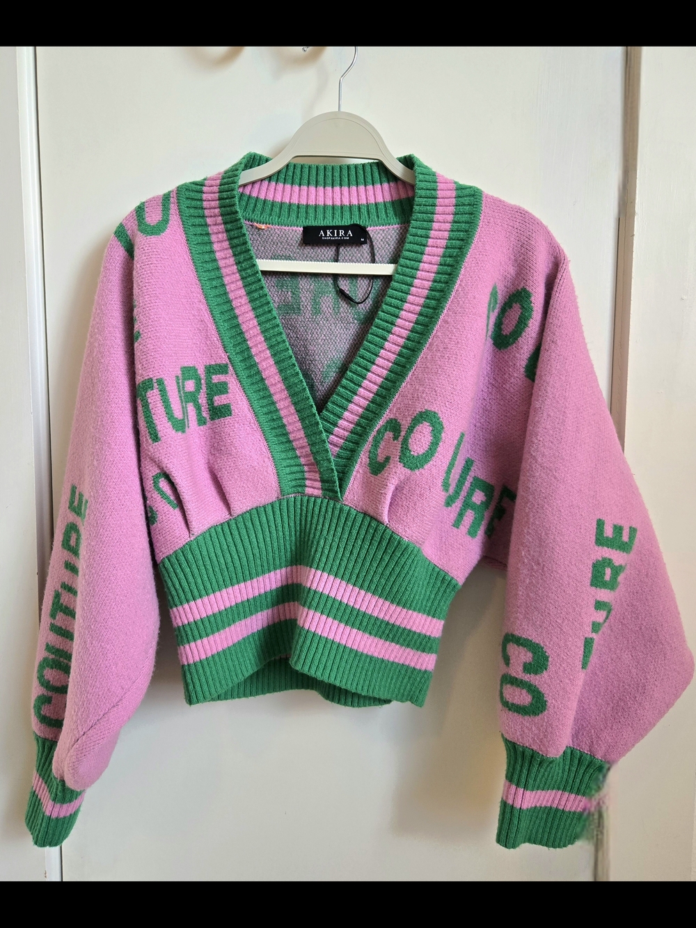 AKIRA Pink and Green V-Neck Cropped Stripe Sweater
